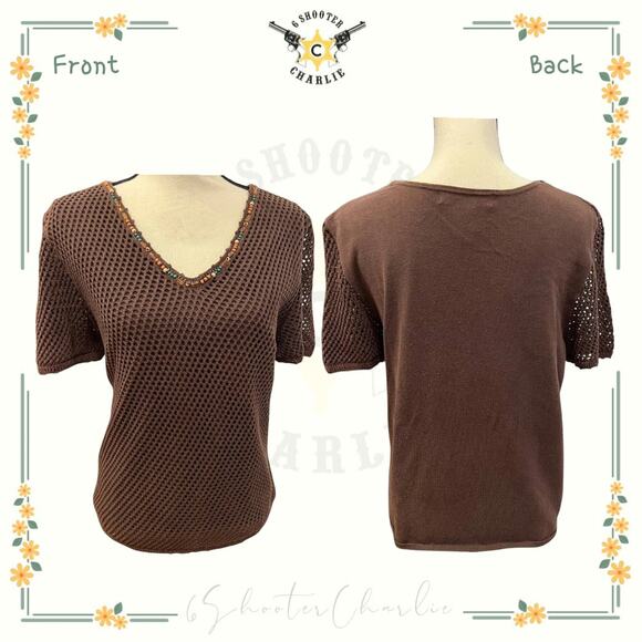 Napa Valley Brown Crochet Crew Neck Short Sleeve Vintage Top w/Beading XL - Picture 1 of 3